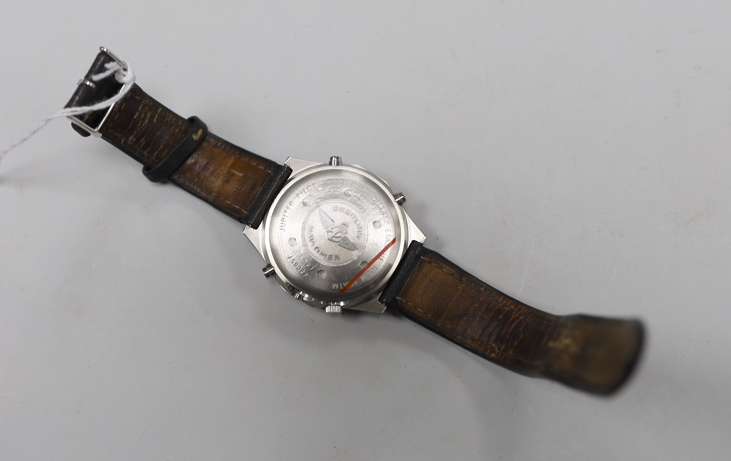 A gentleman's 1990's steel Breitling Navitimer Jupiter Pilot quartz wrist watch, with box and papers, case diameter 42mm, on Breitling leather strap.